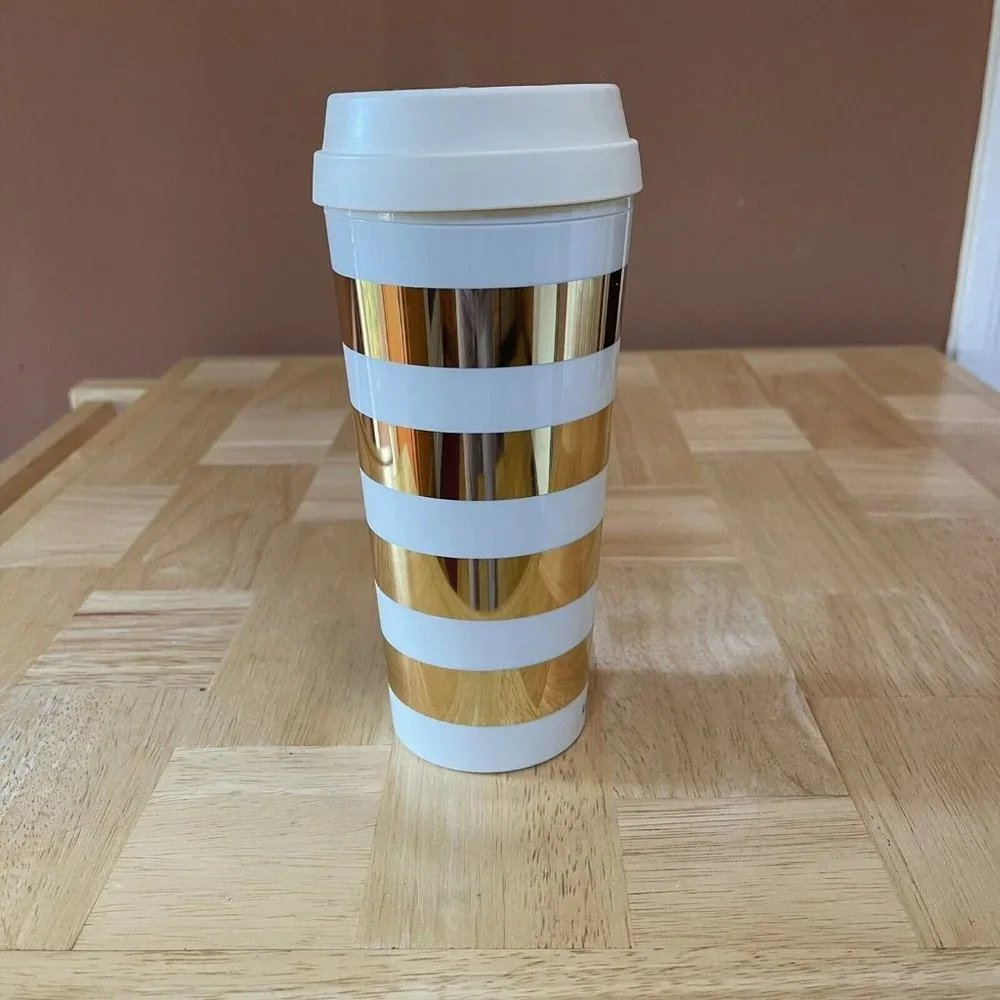 Kate Spade New York Thermal Travel Coffee Mug Tumbler 16 Ounces Gold Stripe - Picture 5 of 9